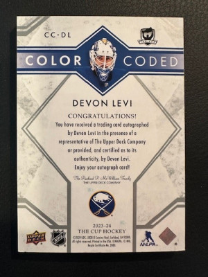 2023-24 The Cup - Devon Levi - Color Coded auto back